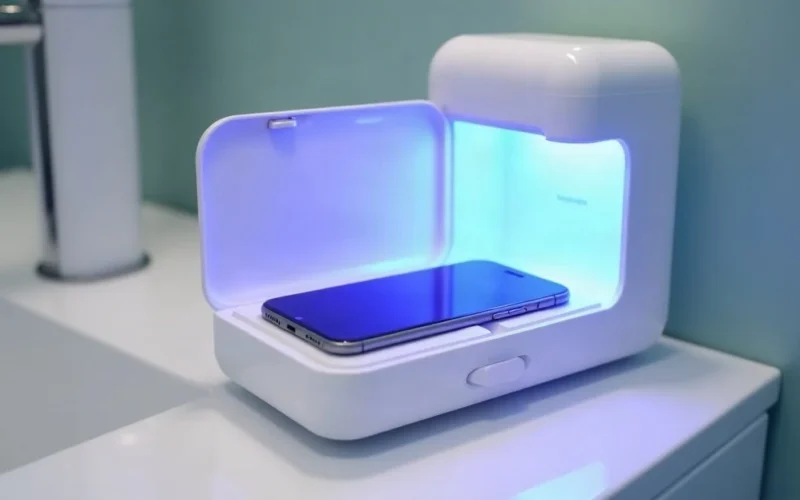A phone inside a UV-C sanitiser box glowing blue