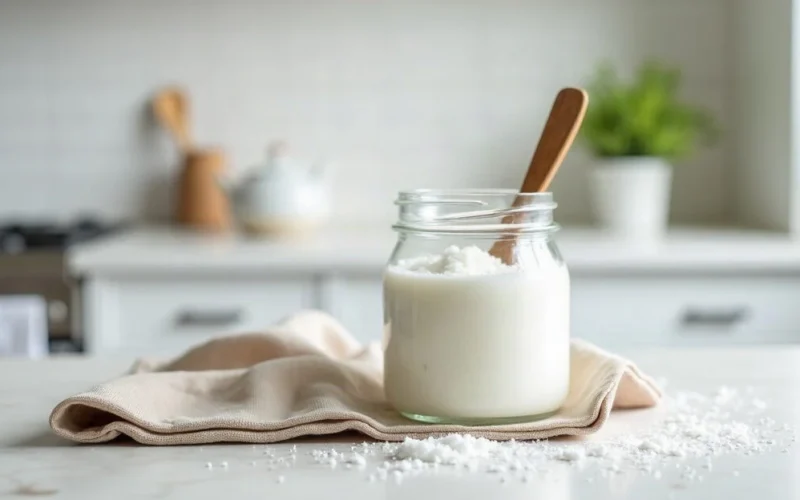 A jar of bicarbonate of soda on a kitchen worktop