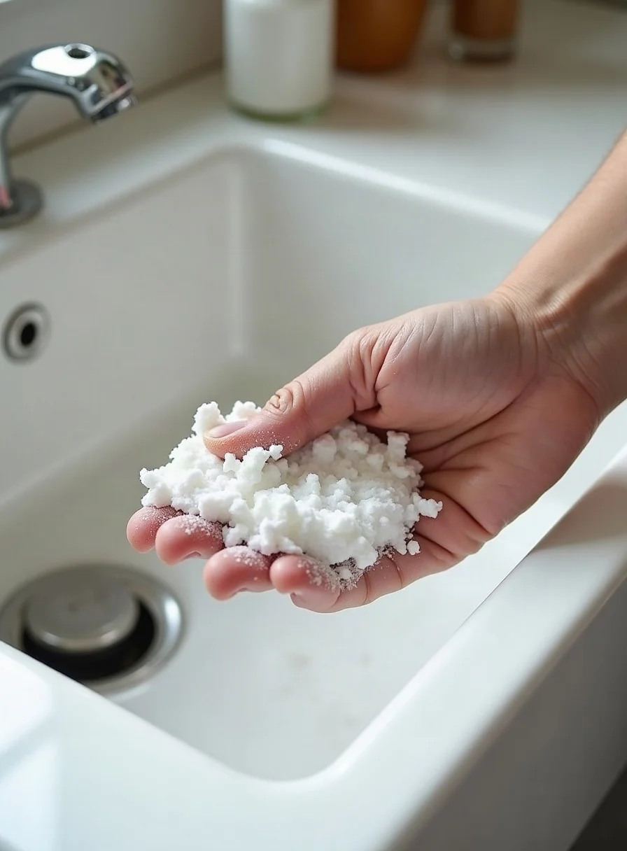 Cleaning a sink with bicarbonate of soda