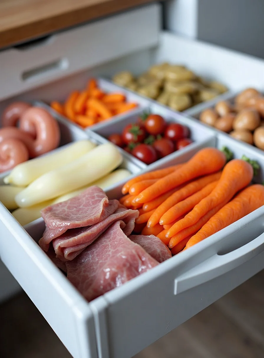 Frozen food in a freezer drawer