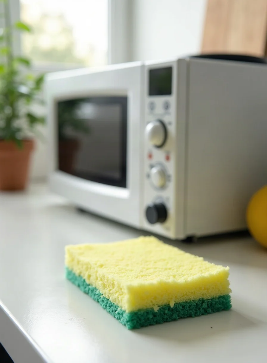A kitchen sponge by a microwave