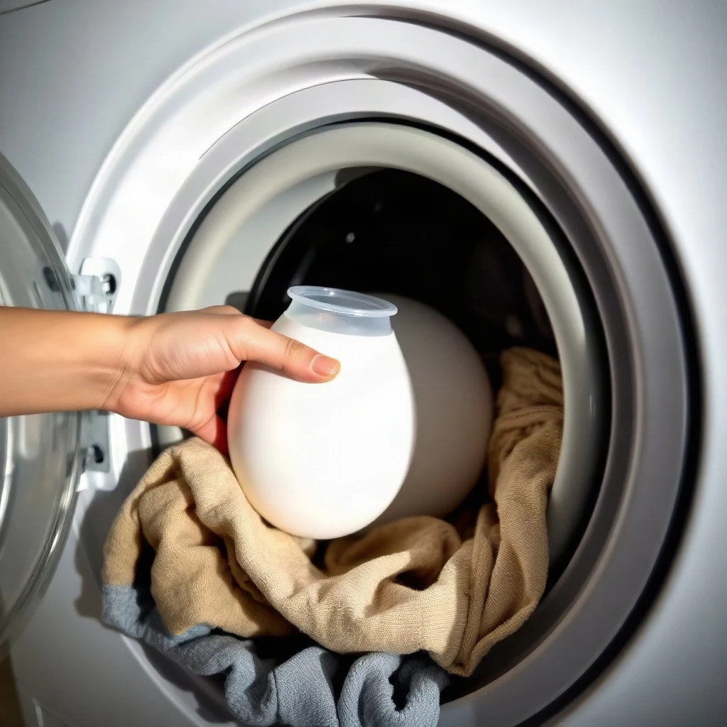Fabric softener dispenser ball placed inside the washing machine drum with laundry