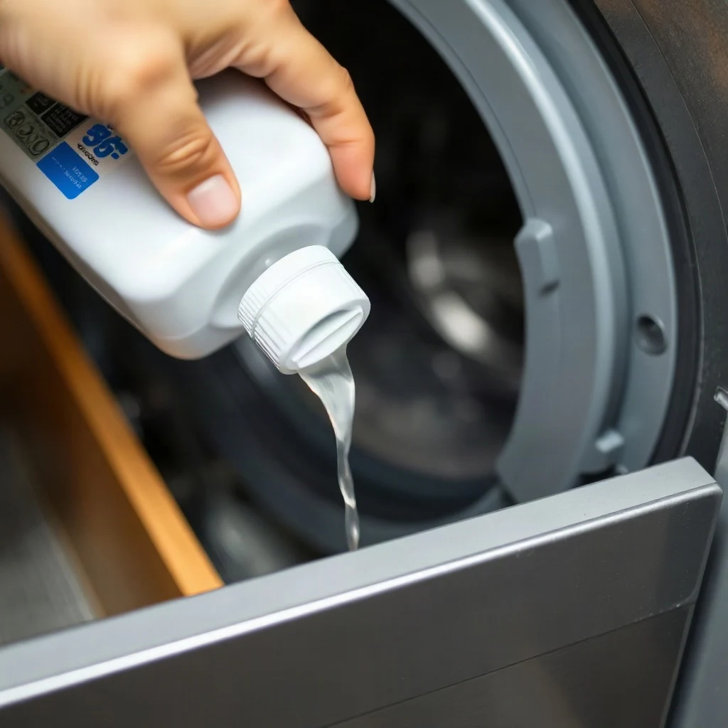Pouring liquid fabric softener into the correct washing machine drawer compartment