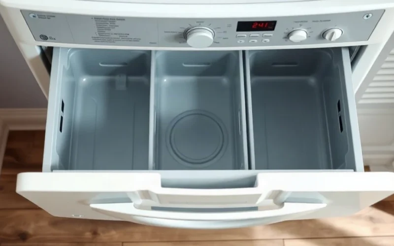 Open washing machine detergent drawer showing the main wash, pre-wash, and fabric softener compartments