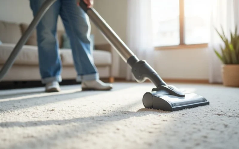 Using a carpet cleaning machine on a living room carpet