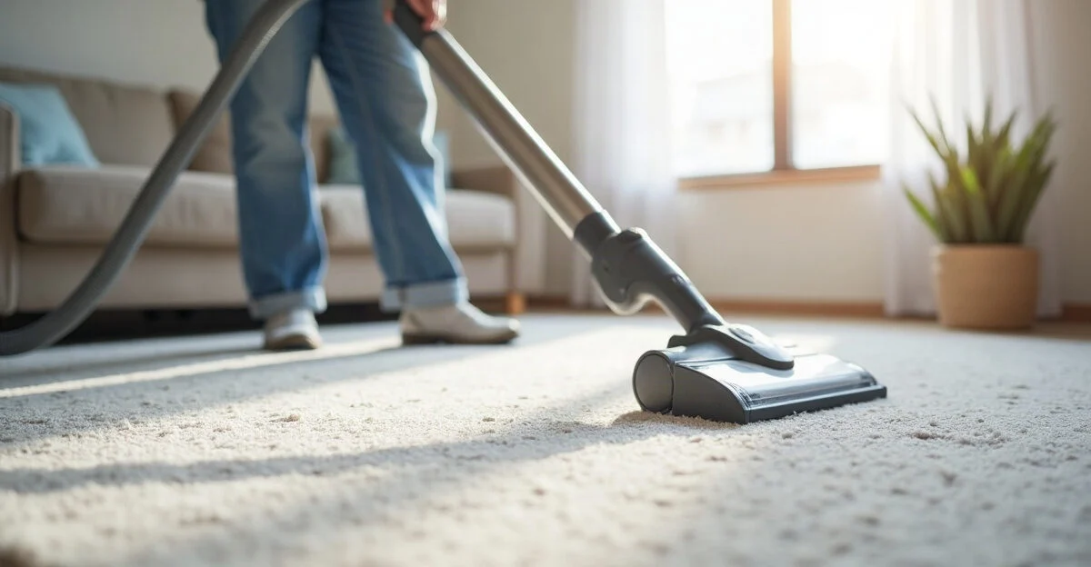 Using a carpet cleaning machine on a living room carpet