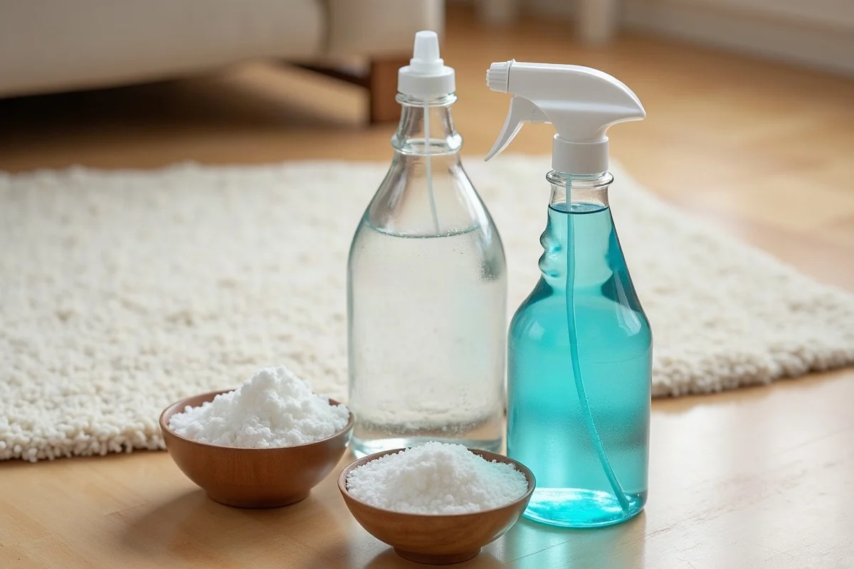 Homemade carpet cleaner ingredients: spray bottle, white vinegar and bicarbonate of soda