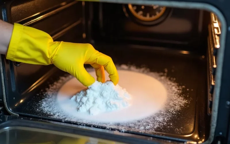 Spreading baking soda paste inside an oven