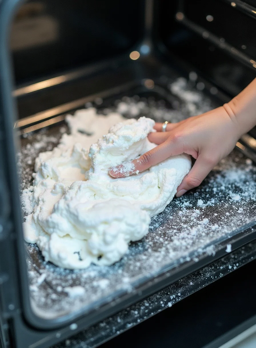 Wiping baking soda paste off oven door glass