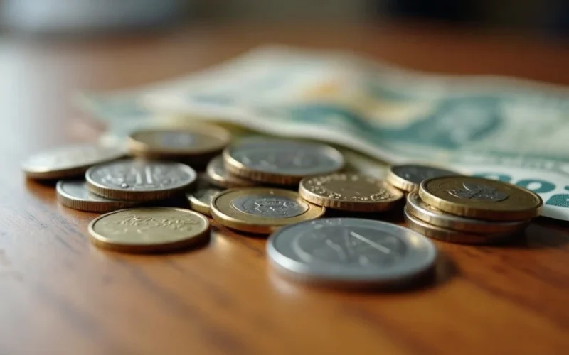 Coins and banknotes on a table