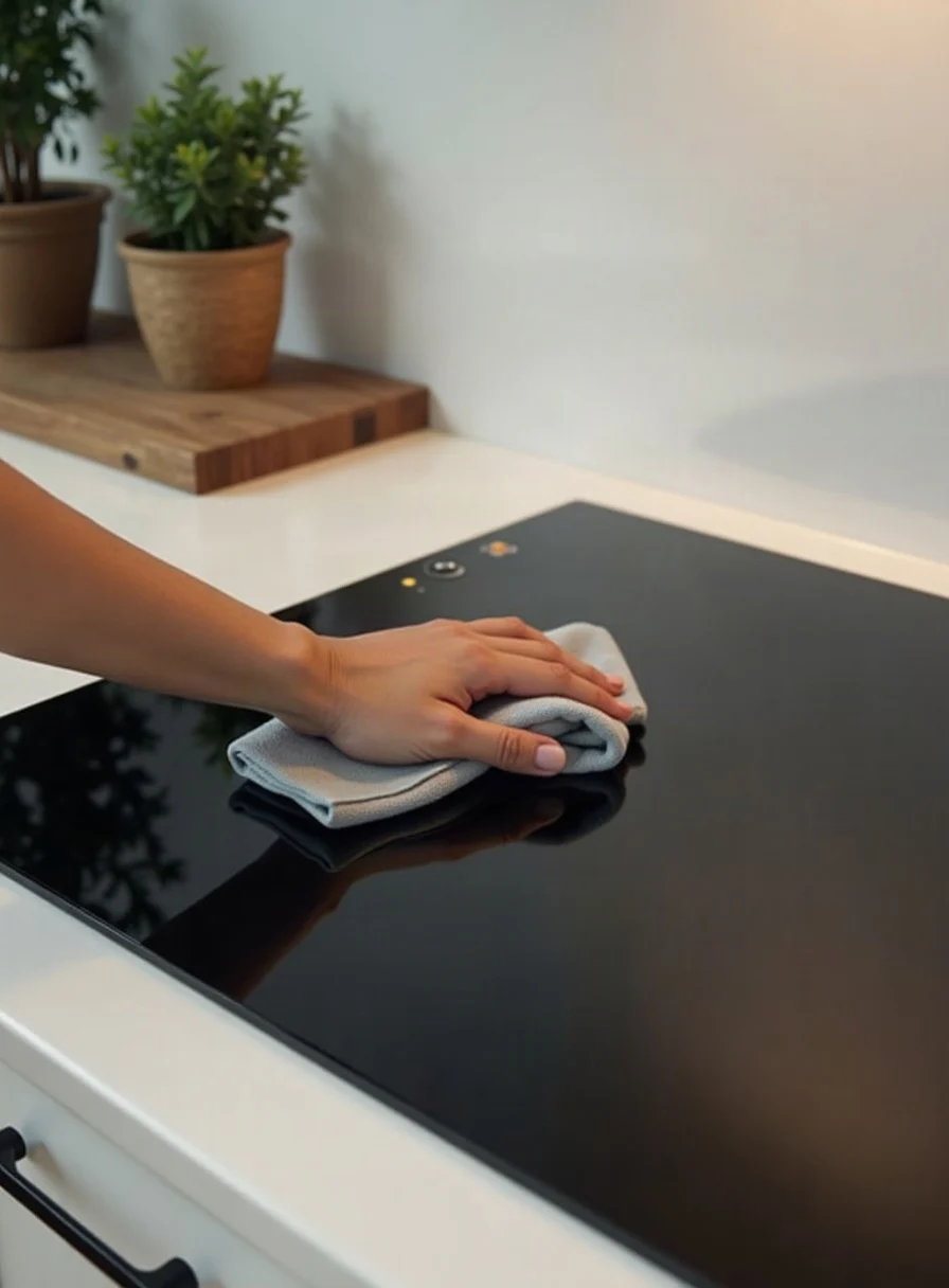 Wiping a black glass ceramic hob until it gleams
