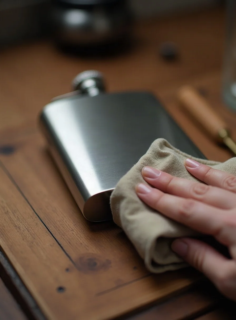 A hip flask being polished