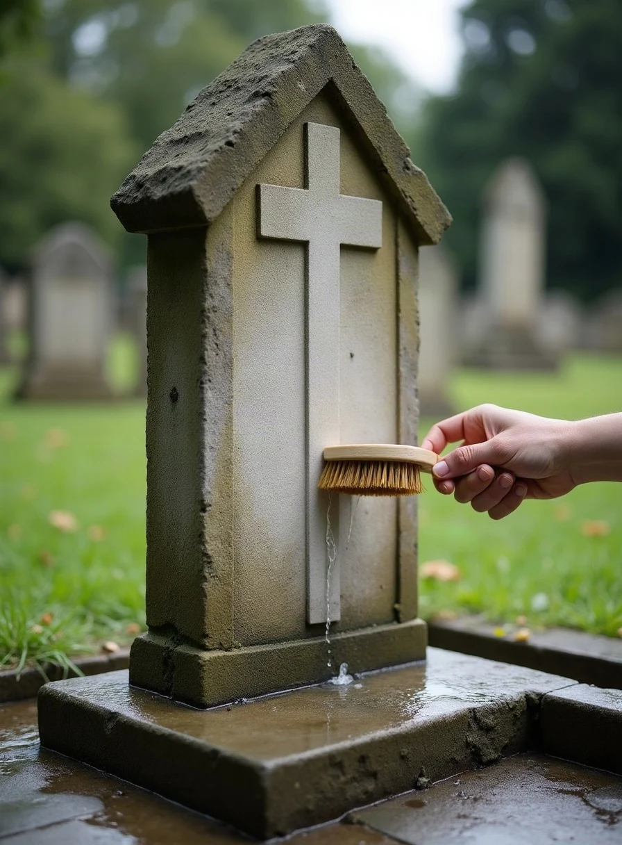 Gently cleaning a stone memorial with a soft brush