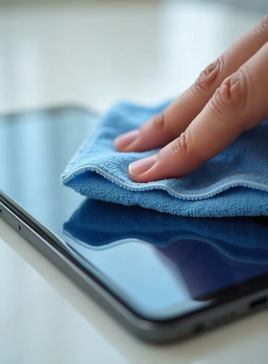 Wiping a phone screen with microfibre