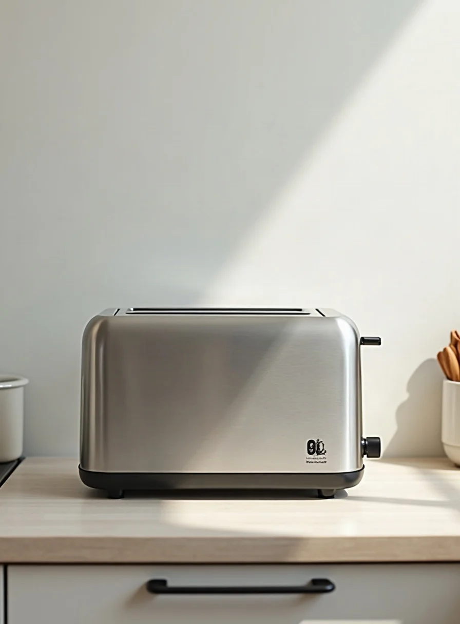 Stainless steel toaster with the crumb tray removed