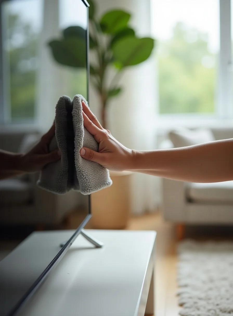 Wiping a flat-screen TV with a soft microfibre cloth