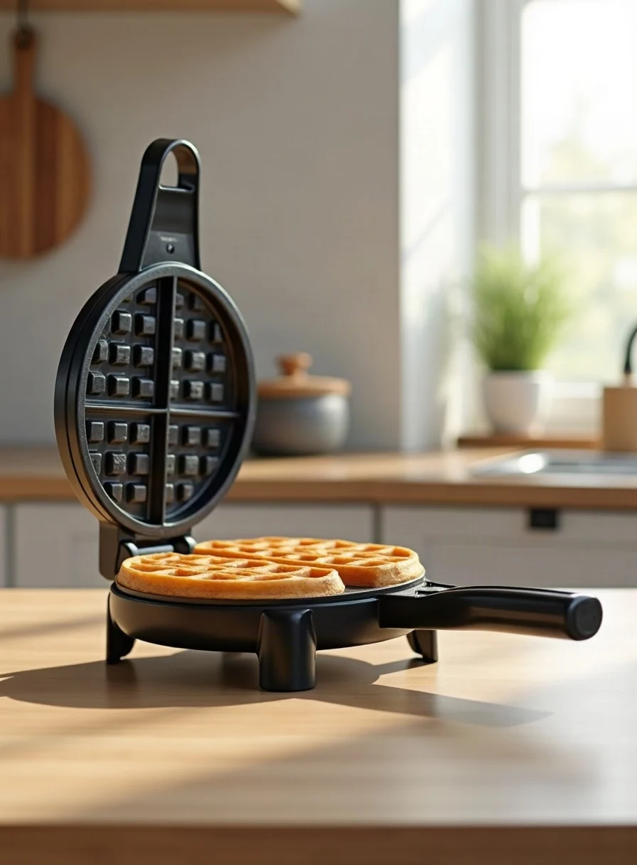 An open electric waffle maker on a worktop