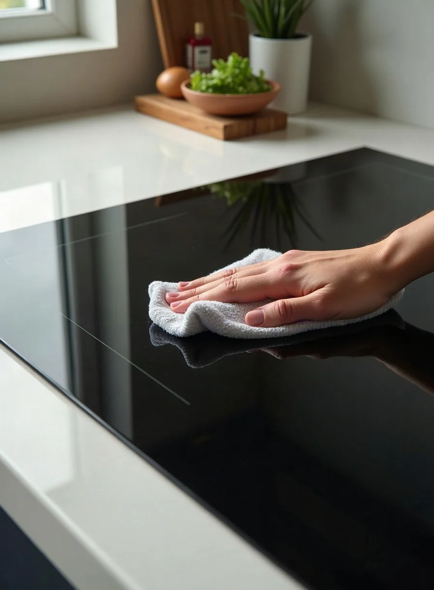 Wiping a black induction hob clean