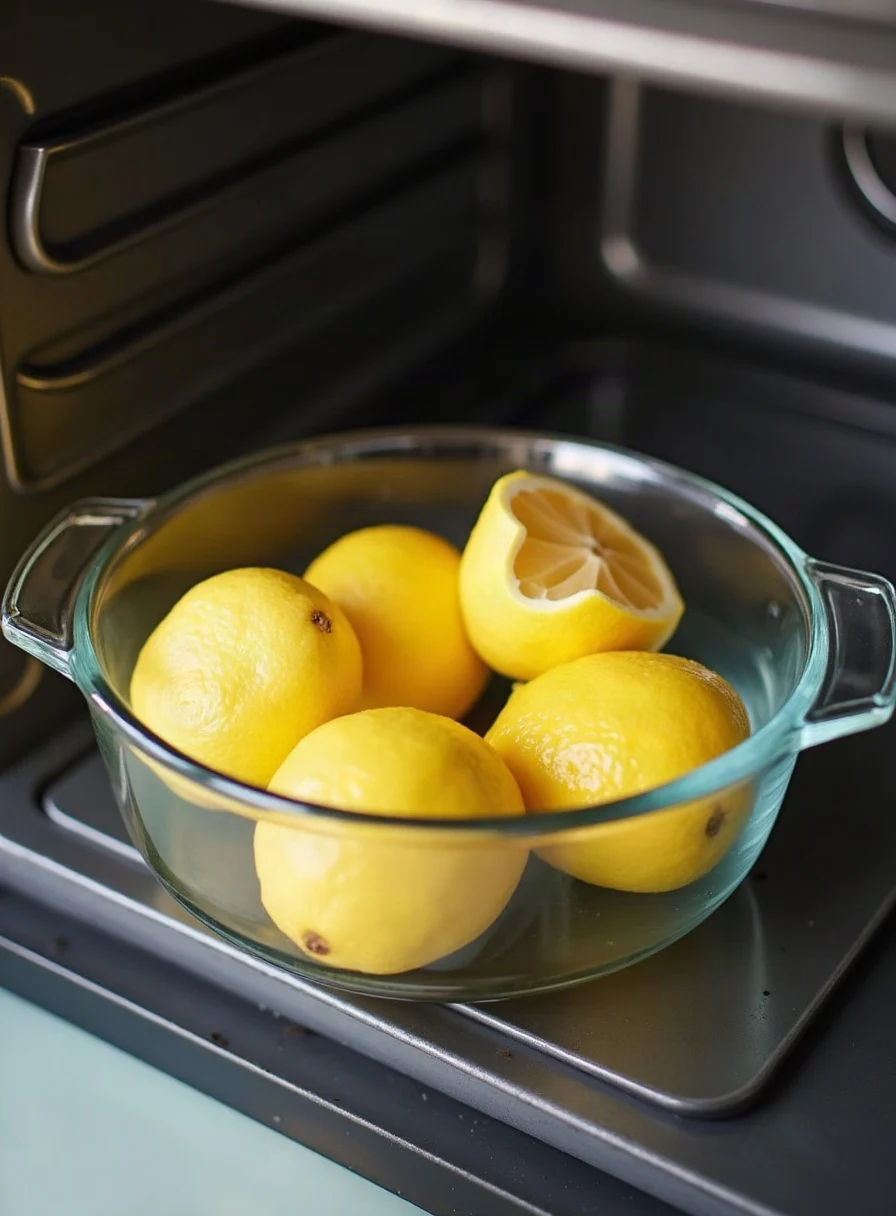 Halved lemons in a dish of water inside a clean oven