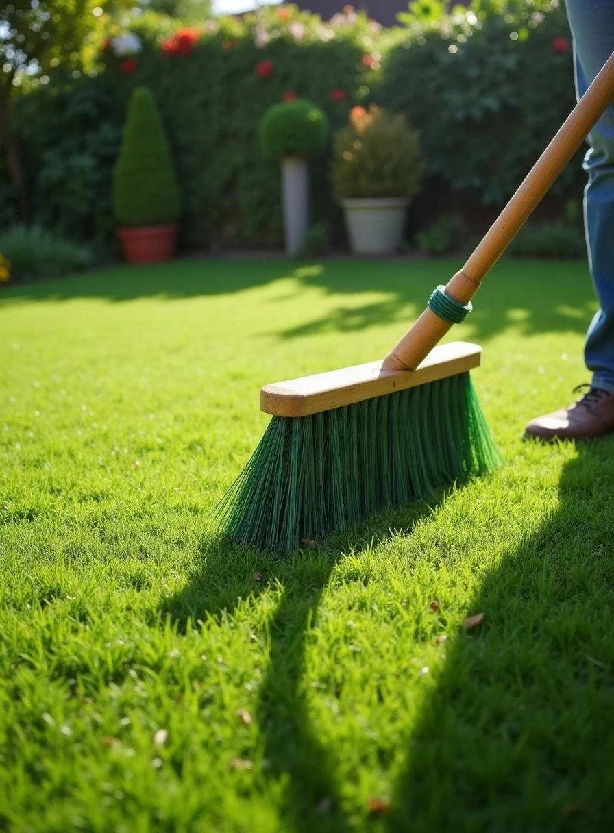 Brushing an artificial grass lawn