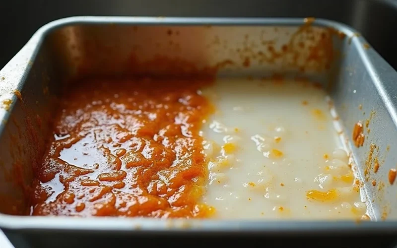 A baking tray half covered in baked-on grease, half cleaned