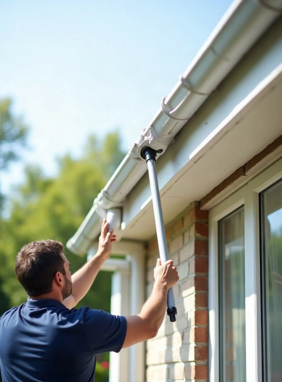 Cleaning uPVC fascias from the ground with a telescopic brush