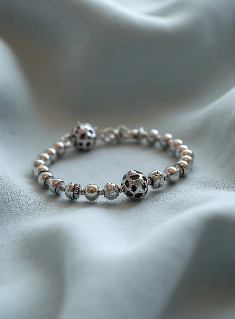 A silver charm bracelet on a cloth