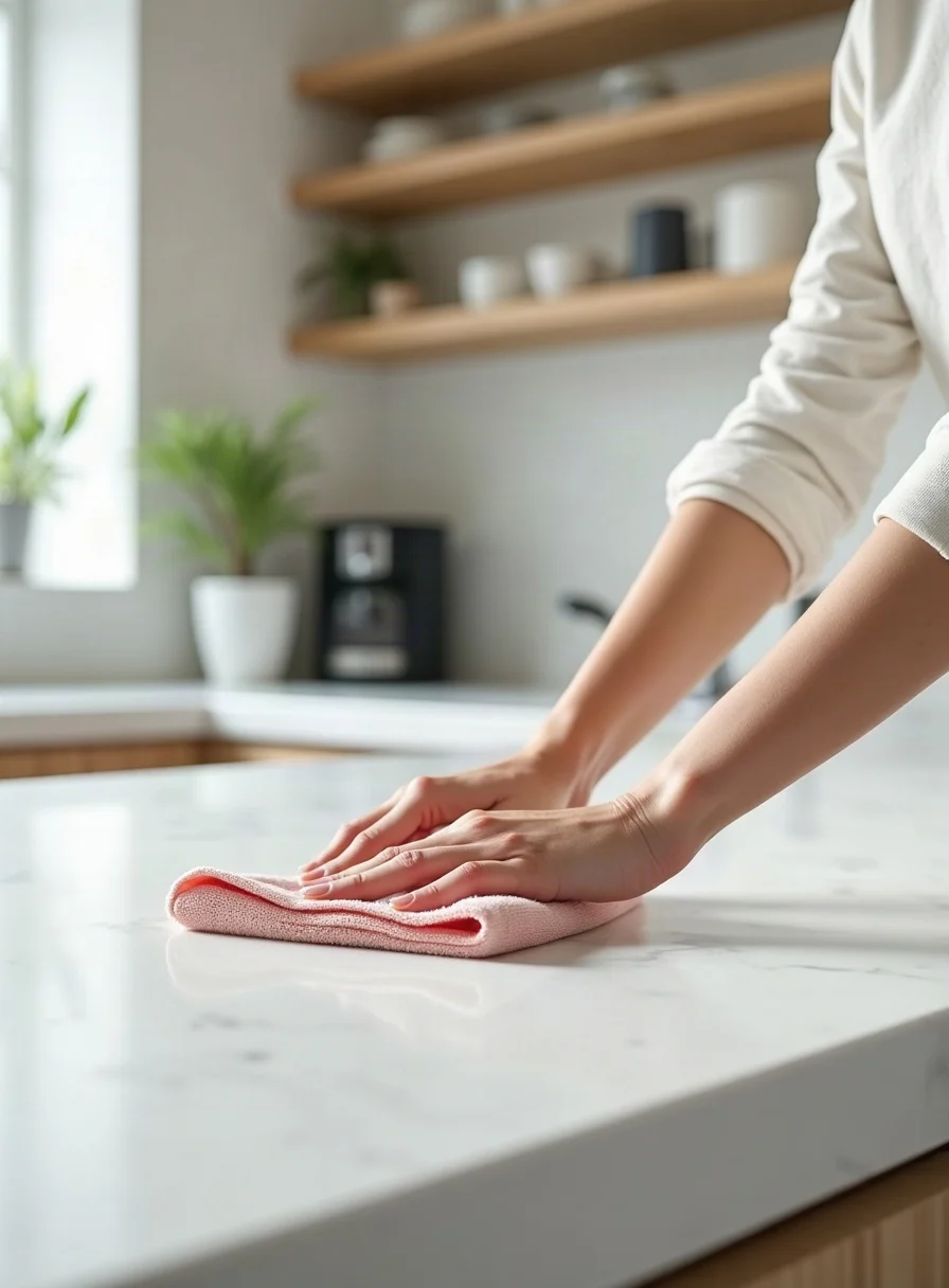 Wiping a clean kitchen worktop