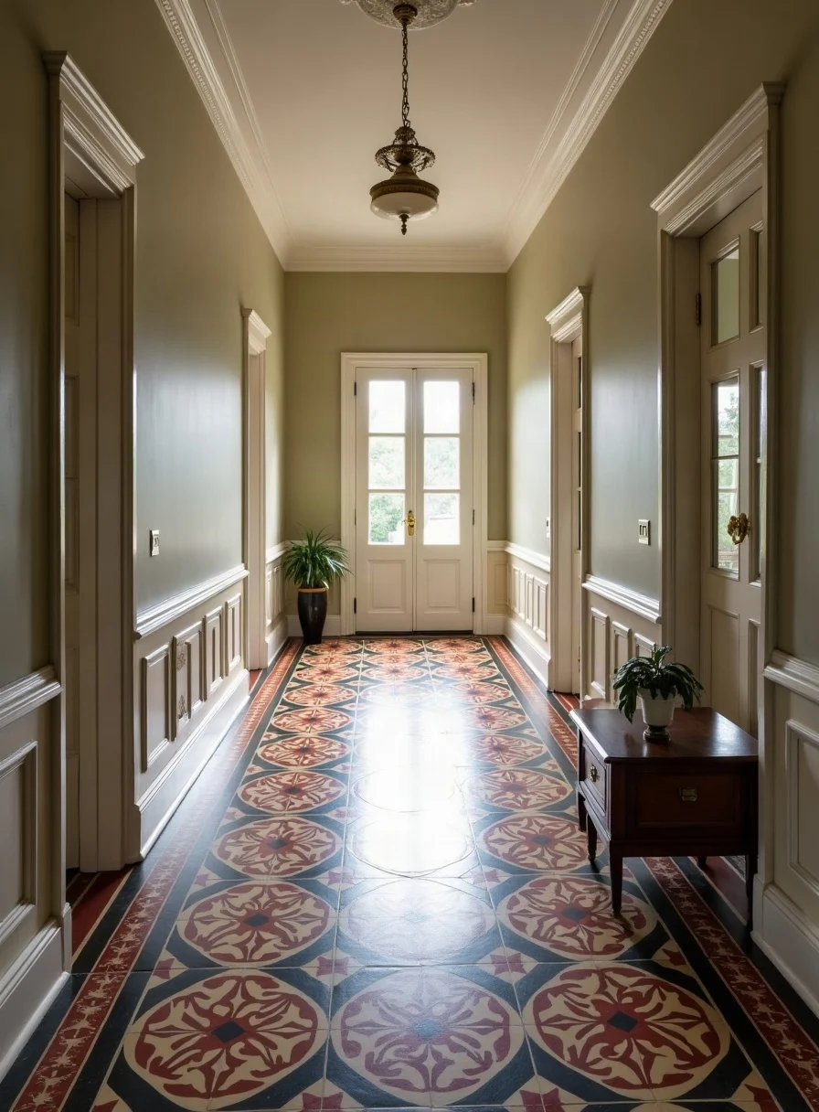 A restored Victorian geometric tiled hallway floor