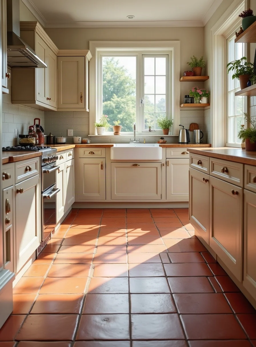 A clean red quarry tiled floor