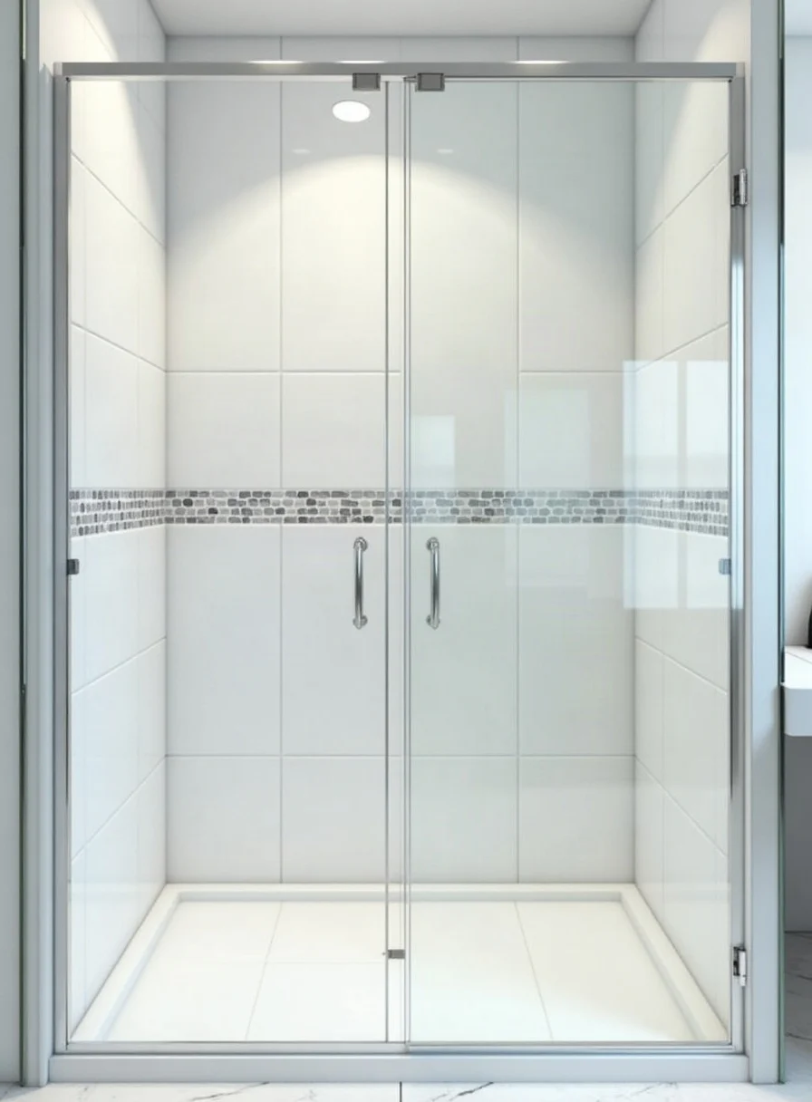 A clean tiled shower with white grout