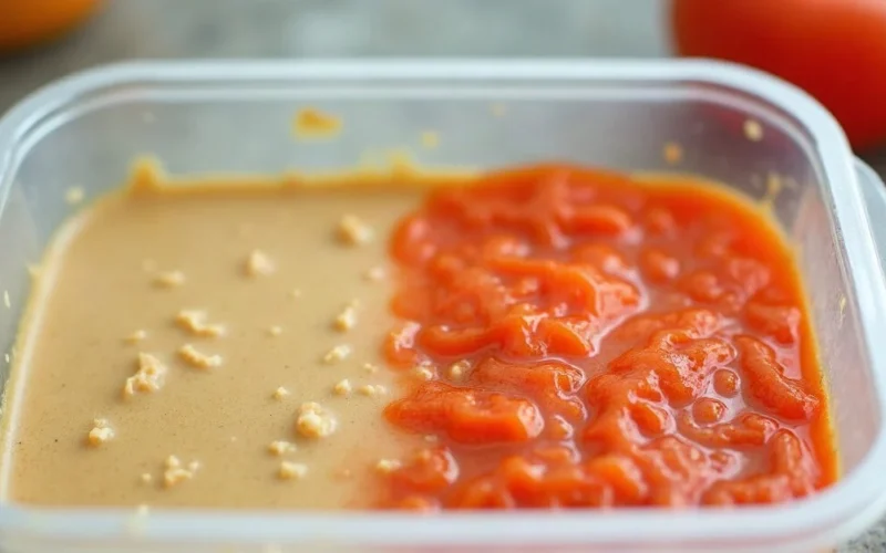 A tomato-stained plastic container next to a clean one