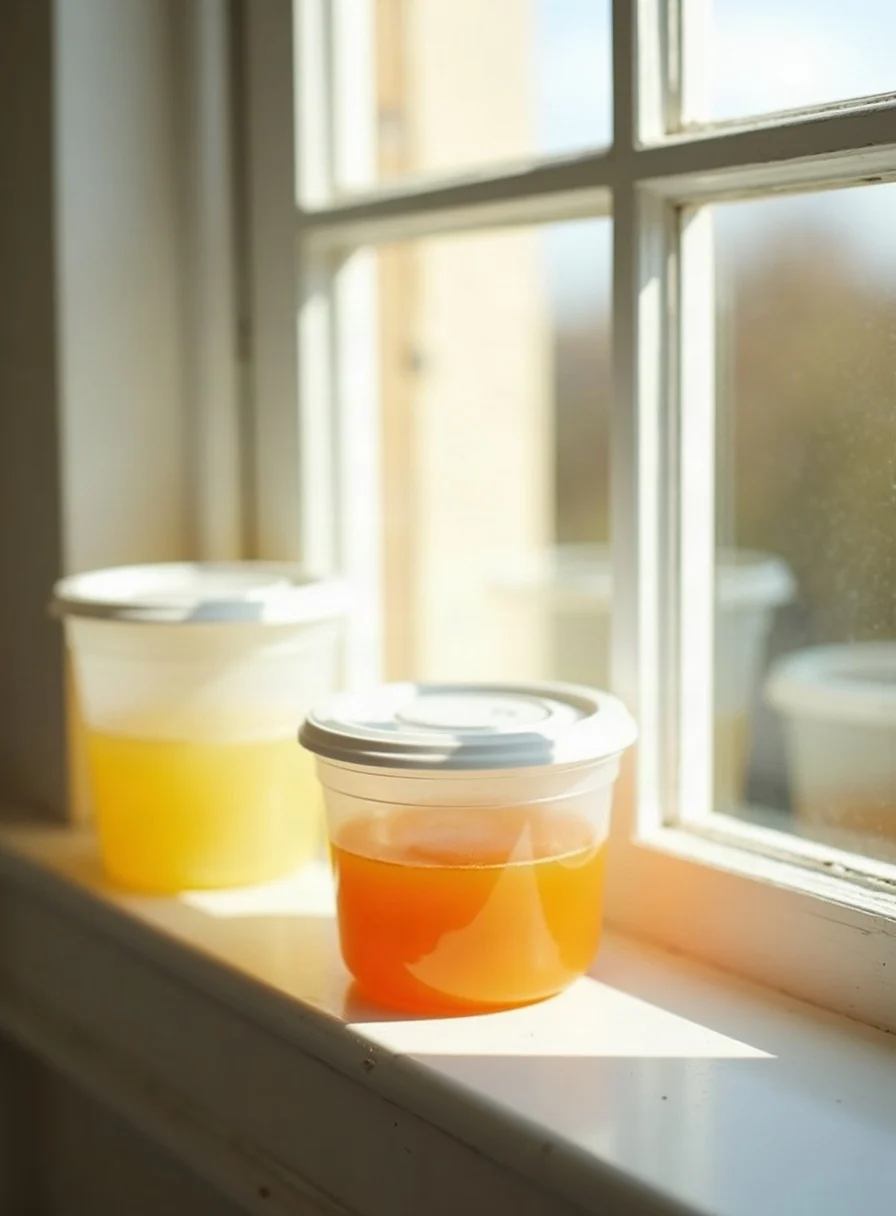 Plastic containers on a sunny windowsill to bleach out stains