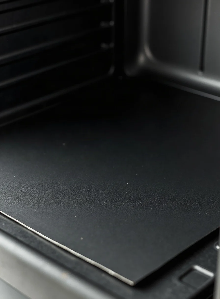 A non-stick liner on the floor of an oven