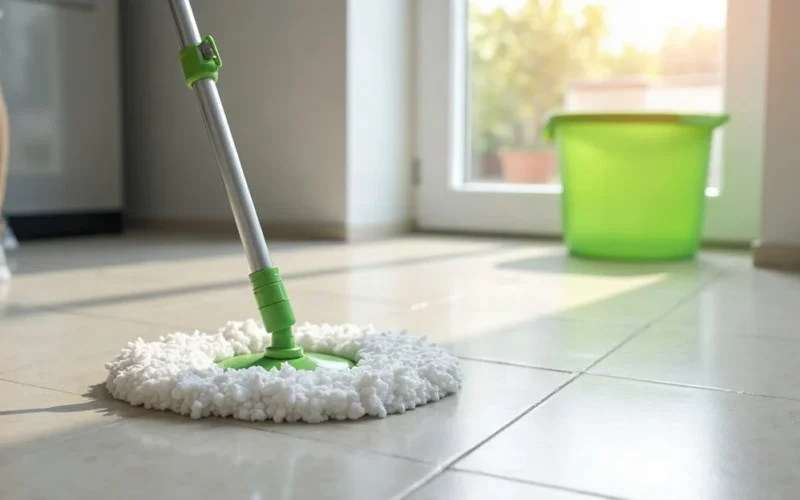 Mopping a tiled floor with diluted disinfectant