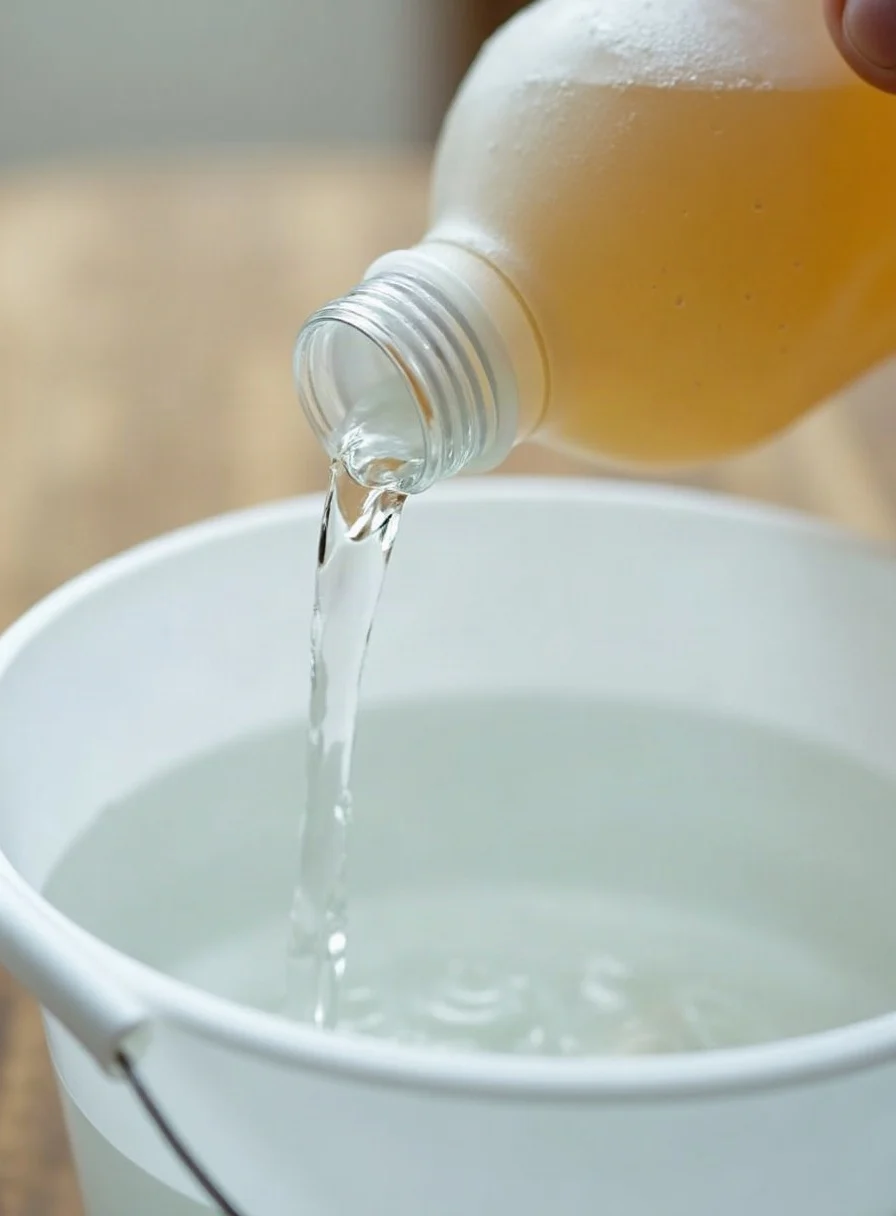 Diluting a capful of disinfectant concentrate in a bucket of water