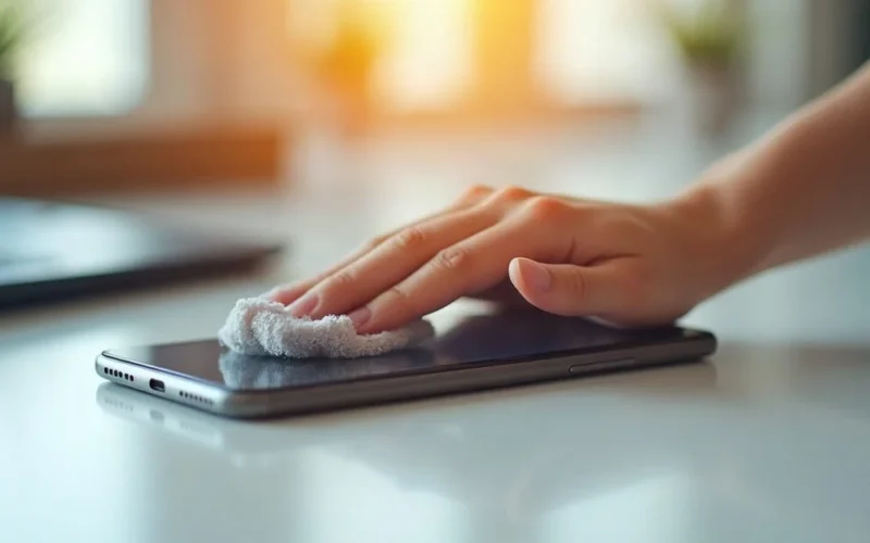 Wiping a smartphone screen clean with a microfibre cloth
