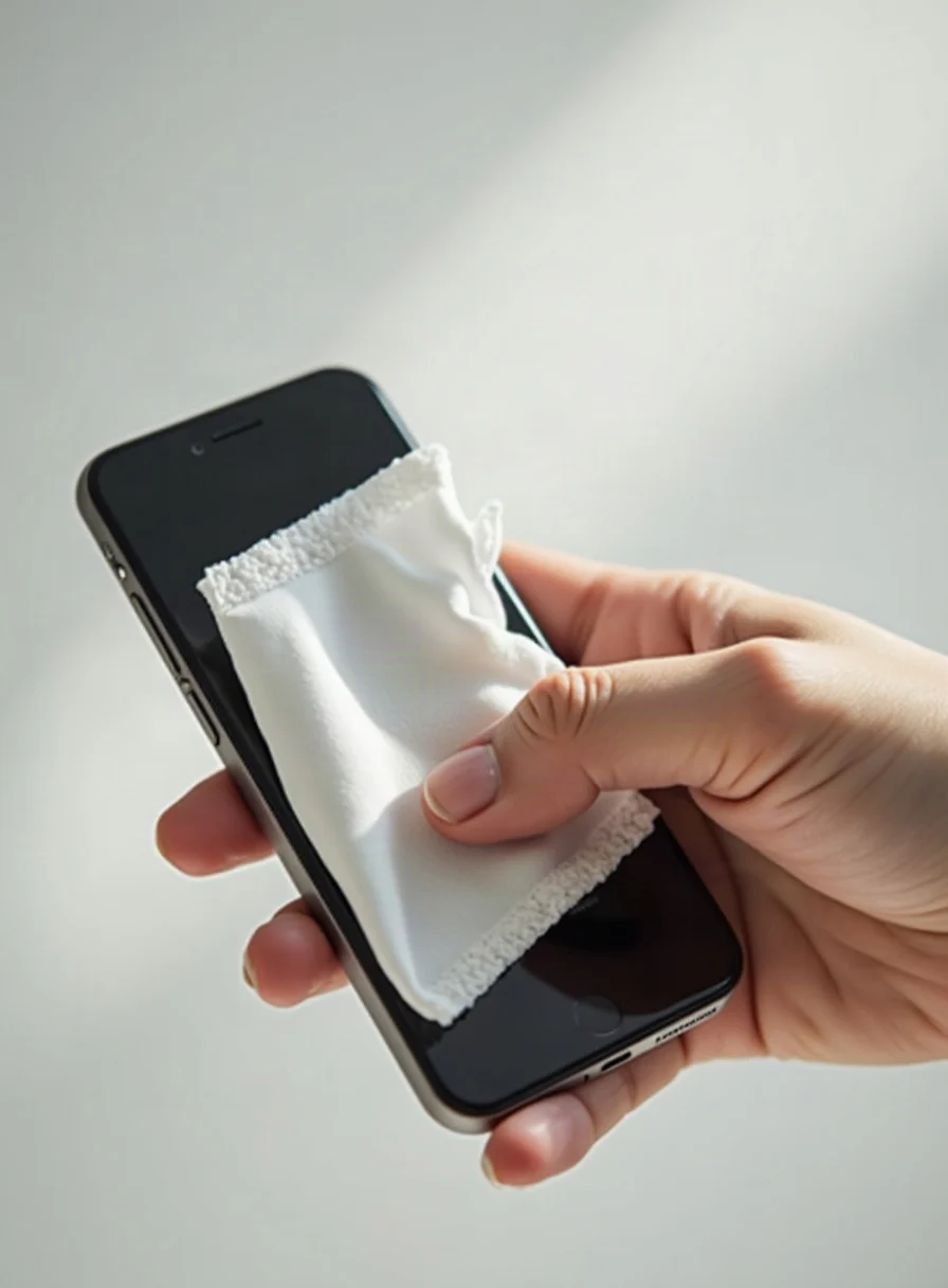 Wiping a phone with a disinfecting wipe