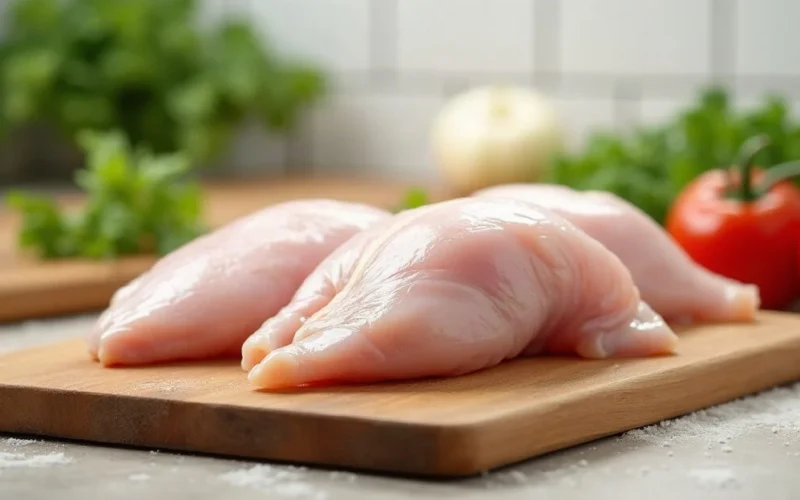 Raw chicken on a chopping board, ready to cook without washing
