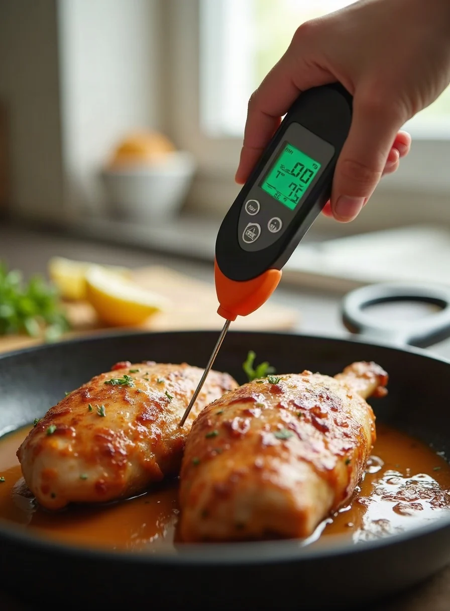 Checking cooked chicken with a meat thermometer