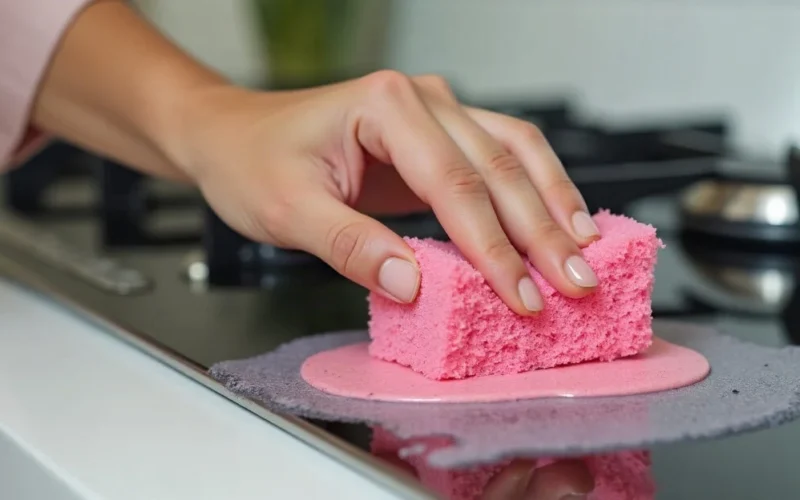 Cleaning a hob with pink cleaning paste on a sponge