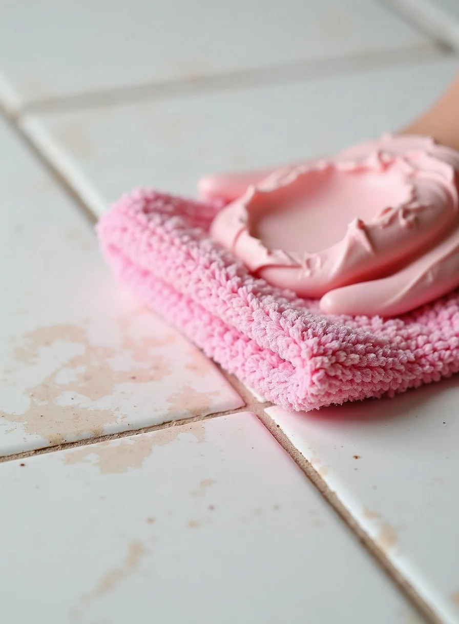 Pink cleaning paste on a cloth cleaning tile grout
