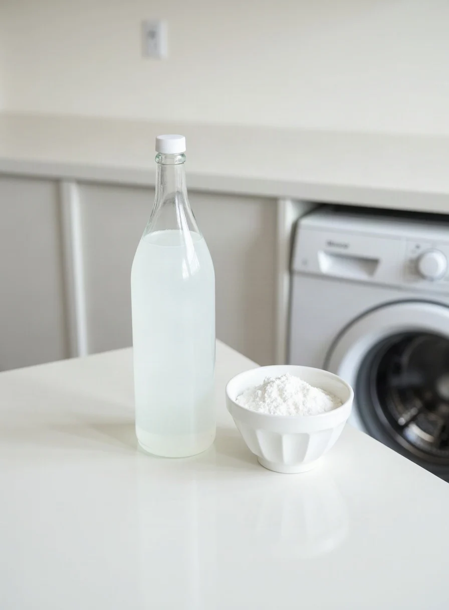 White vinegar and bicarbonate of soda beside a washing machine