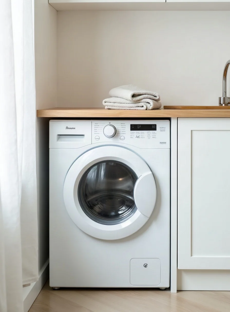A clean white washing machine in a utility room