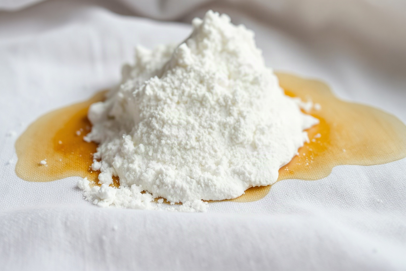 Baking soda forming a paste over an oil stain on light fabric