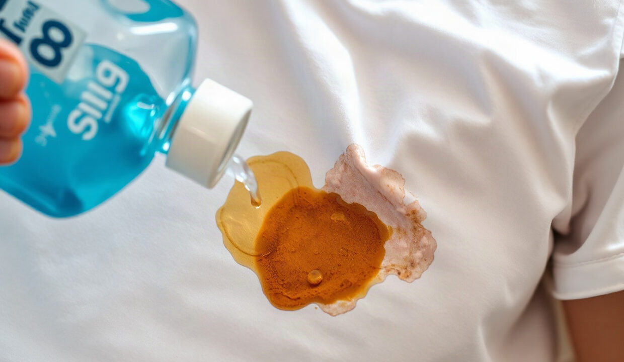 Dish soap being worked into an oil stain on a white cotton t-shirt