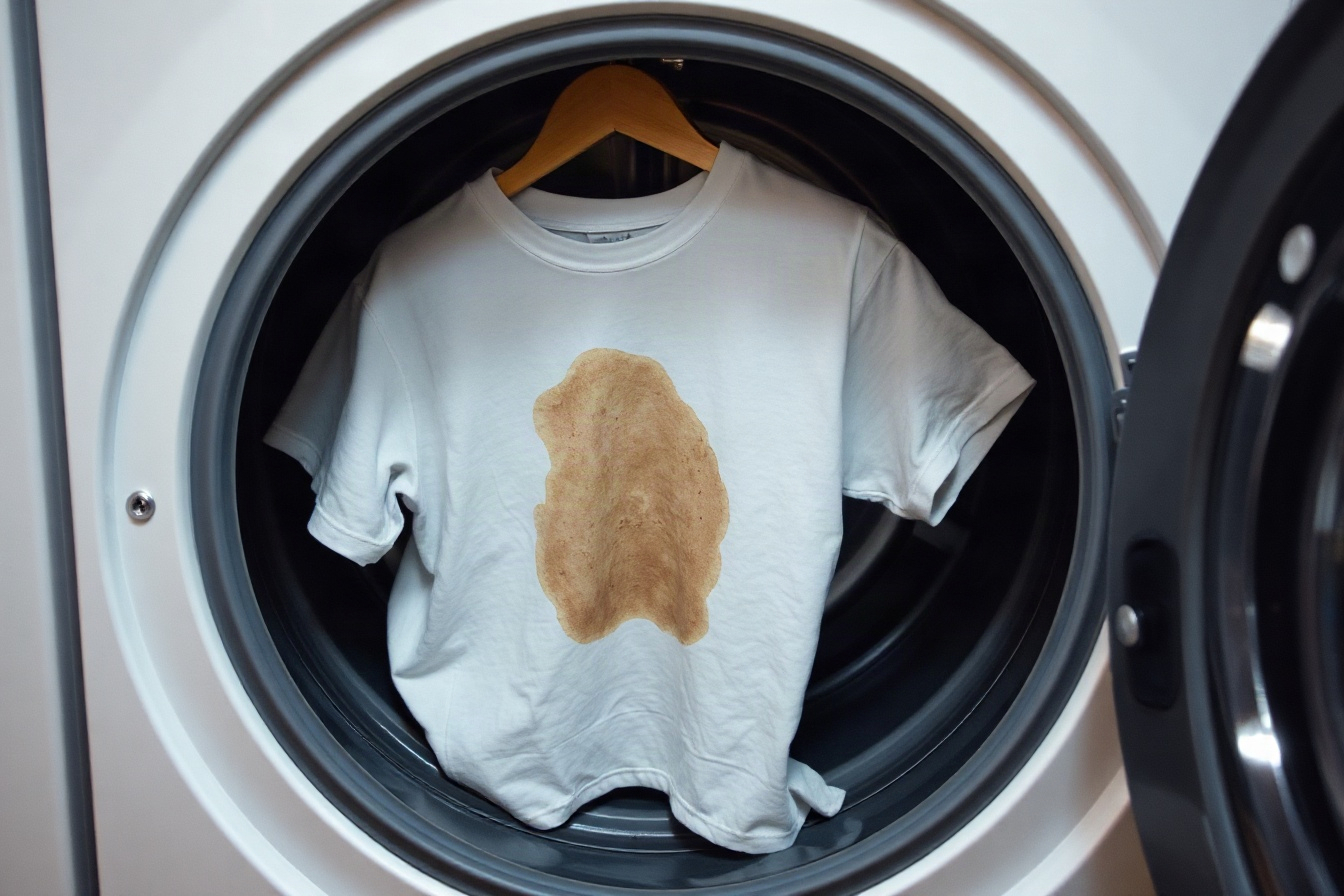 Stained t-shirt being loaded into a washing machine drum