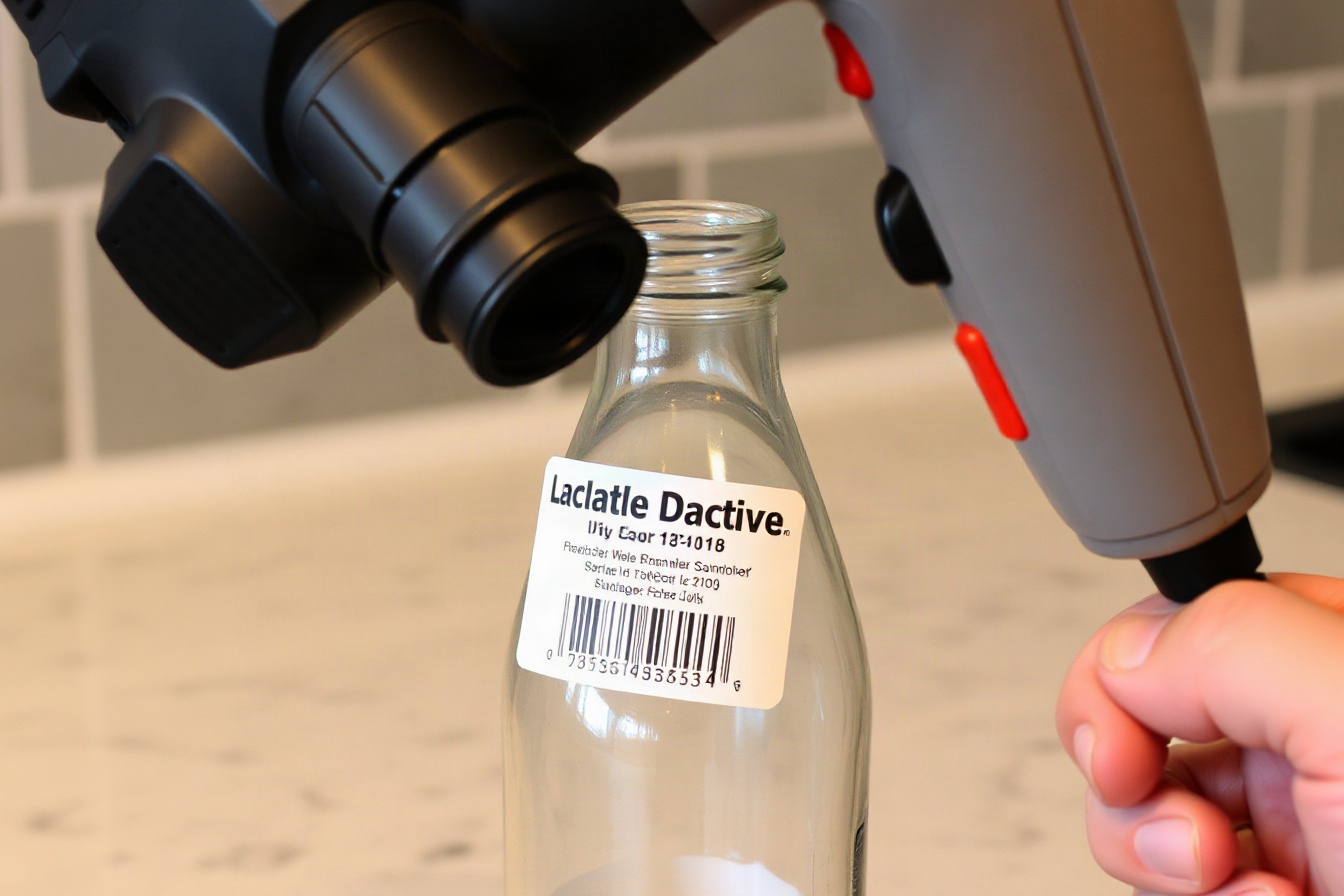 Hairdryer warming a sticker label on a glass bottle before removal