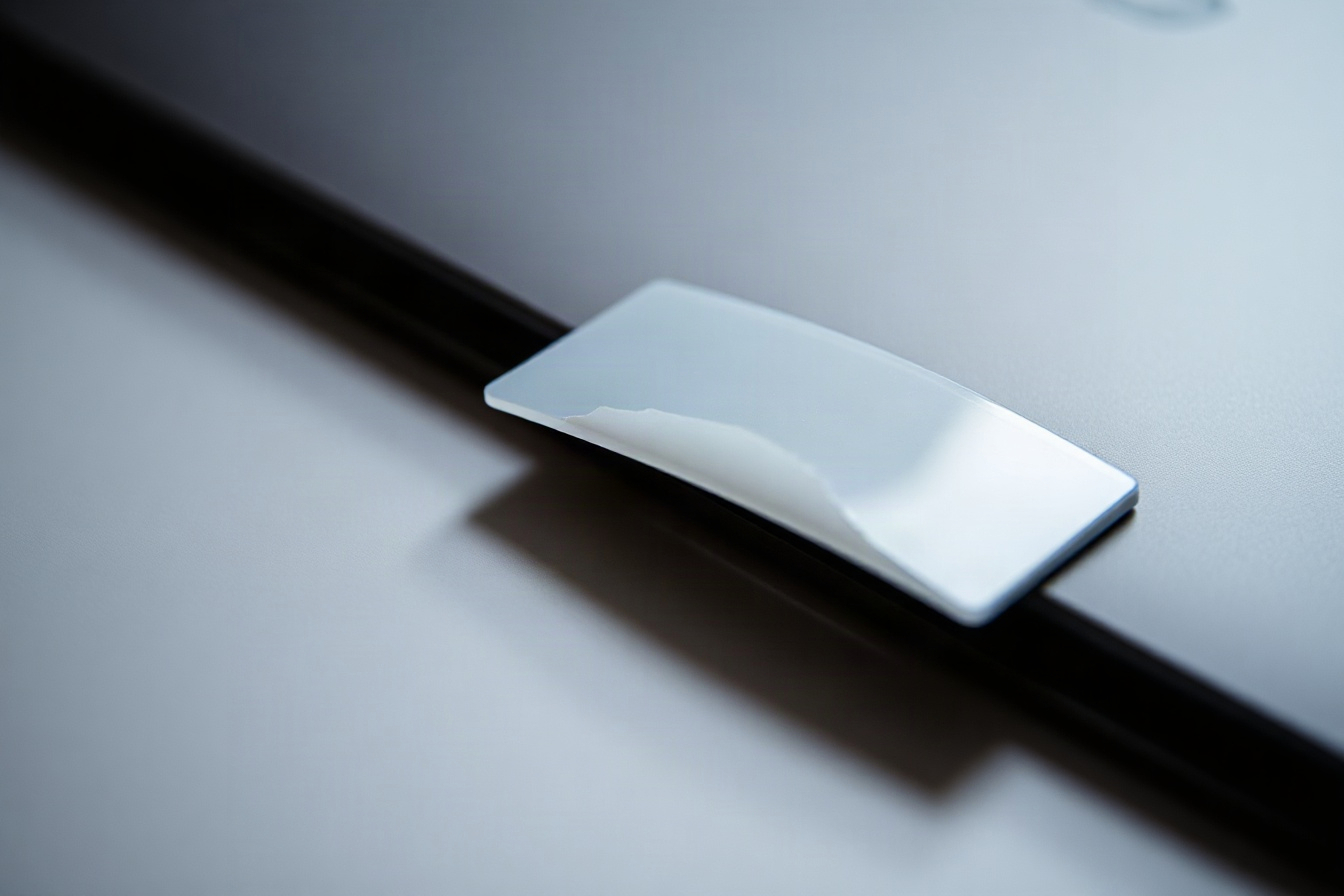 Using a plastic scraper card to lift sticker residue off a laptop lid