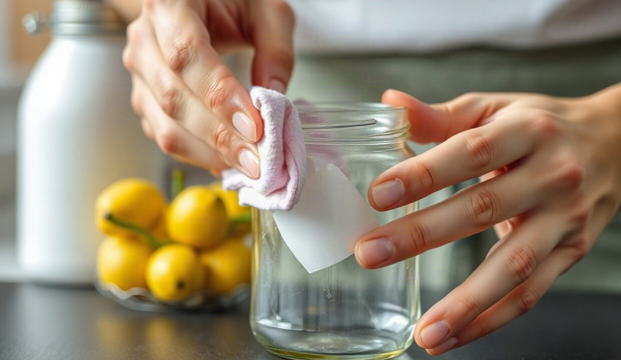 Wiping sticky sticker residue off a glass jar with a soft cloth